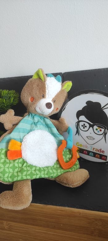 Doudou plat renard babysun Sleeping forest marron anneau dentition bleu vert rayé orange blanc