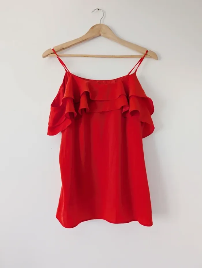 Blouse d'été à épaules nues rouge orange volanté bohème tendance Promod Taille 34 - photo numéro 5