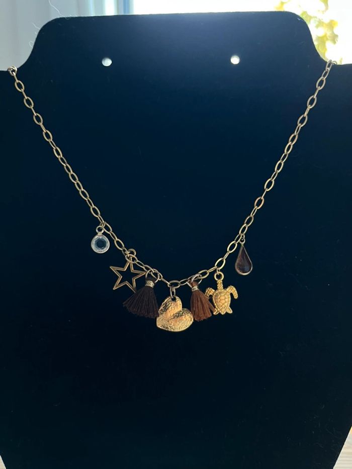 Collier chaîne acier Inoxydable pendentifs breloques dorés et marrons