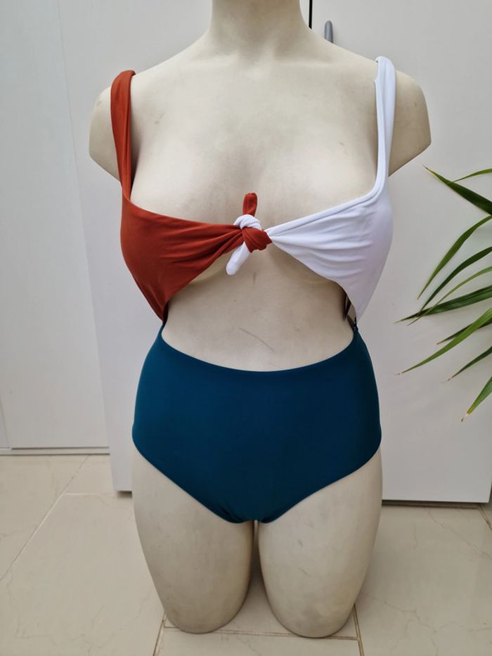Maillot De Bain Sexy Effet 2 Pieces Blanc Bleu Petrol Marron - photo numéro 2