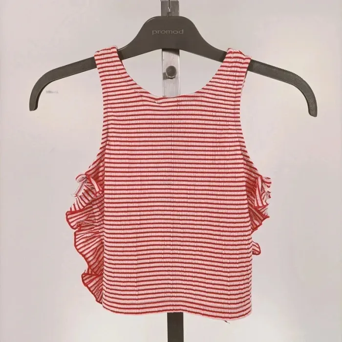 Ensemble Ensemble Jupe en jean et débardeur à volant marinière rouge et blanc enfant A142 - photo numéro 3