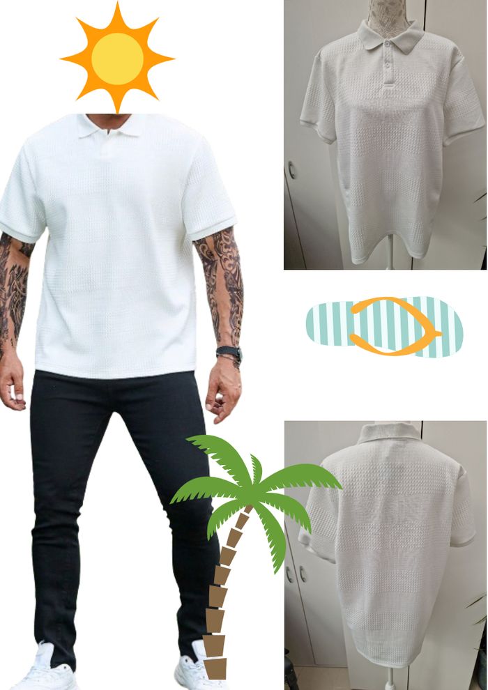 Polo T-Shirt Blanc A Reliefs Gaufré