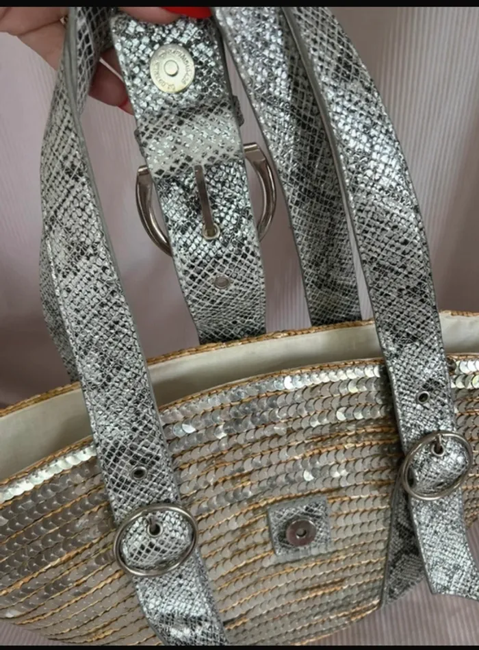 Sac à main paille sequin argenté effet pitons - photo numéro 4