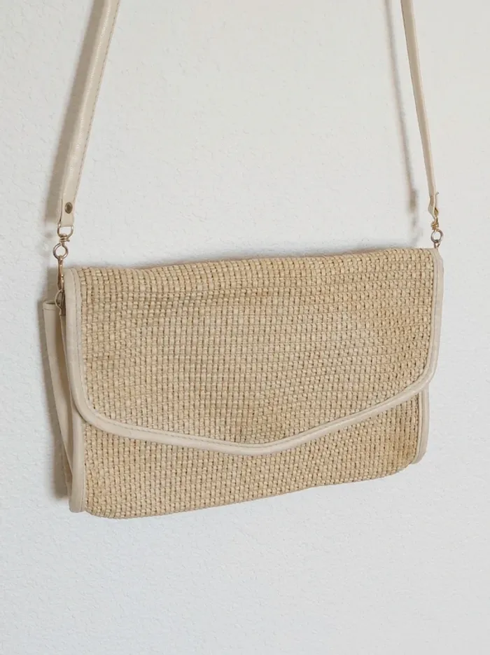 Pochette bandoulière détachable paille beige 80-90 vintage - 26×18cm - photo numéro 3