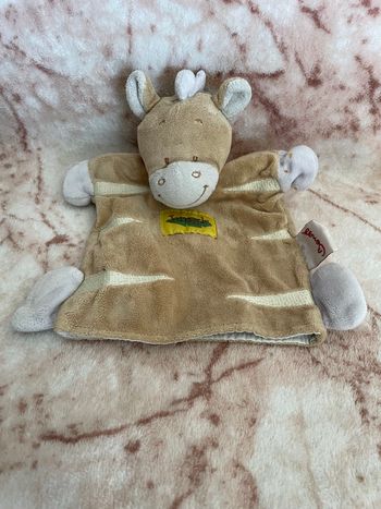 Doudou plat marionnette zebre ane cheval poney marron blanc ecru jungle Bengy