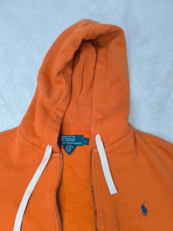 Sweat à capuche zippé Polo Ralph Lauren homme taille L orange manche tachée - photo numéro 5