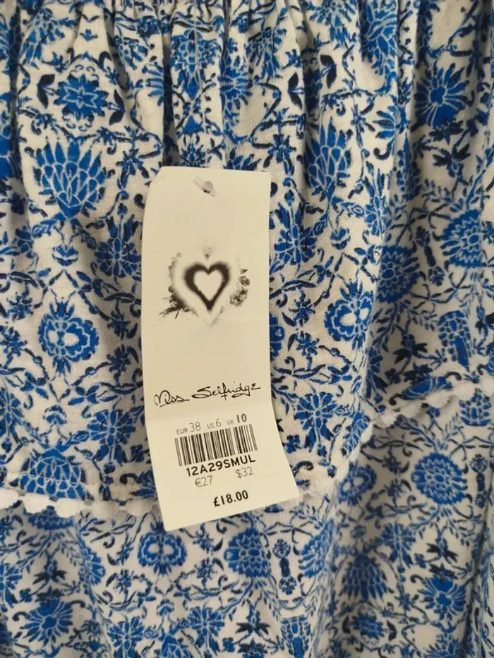 Top Miss Selfridge épaules dénudées - motif fleur bleues liberty taille 38 - A252 - photo numéro 7