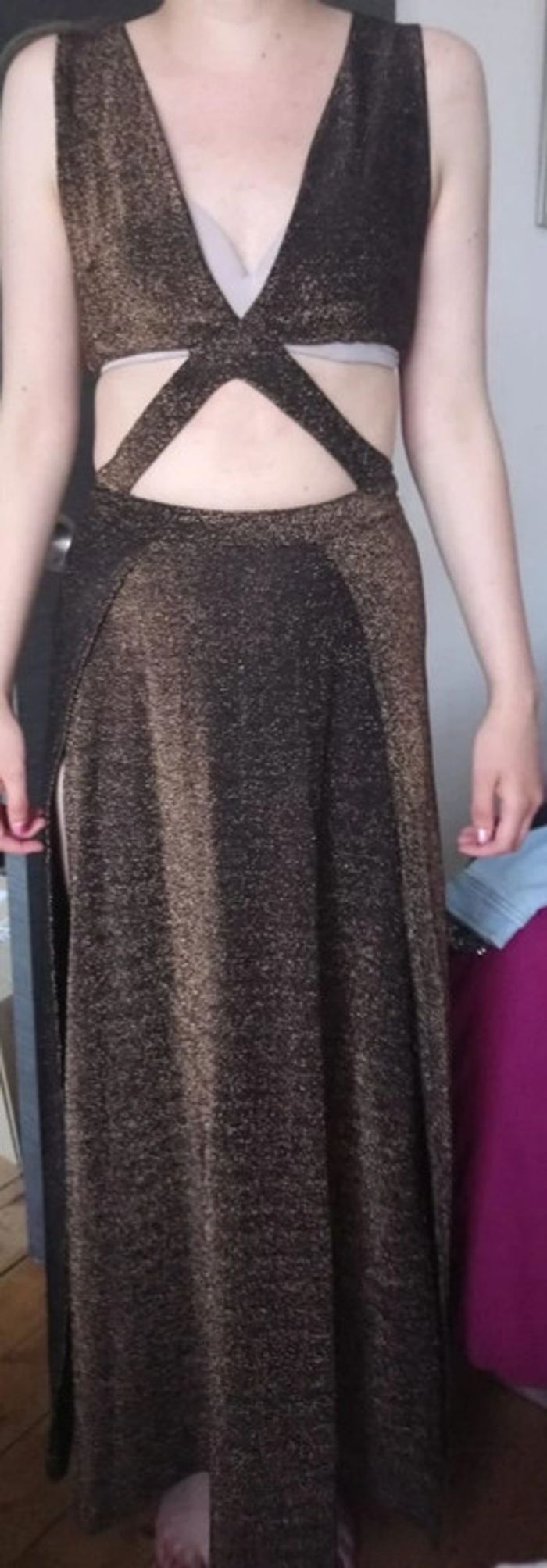 Robe longue marron à paillettes – Fendue & élégante – Taille S – Marque 1992 - photo numéro 6