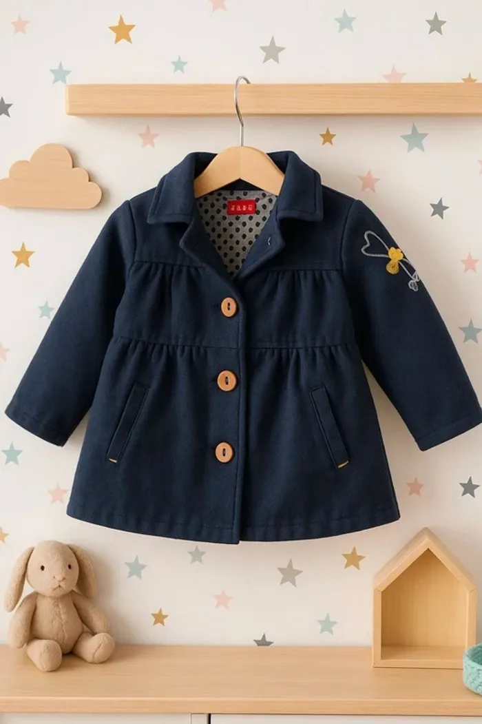 Manteau fille bleu marine Tissaia 24 mois – doublure cœurs, détail papillon brodé