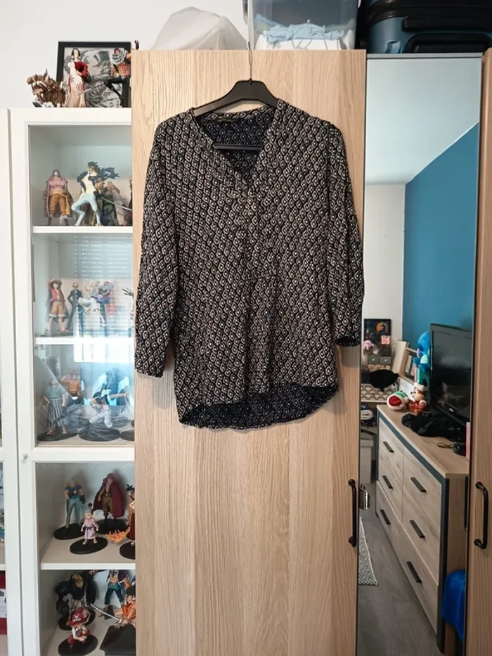 Blouse chemisier a motif asymétrique noir et beige manches 3/4 Akoz wooman - Taille M 38