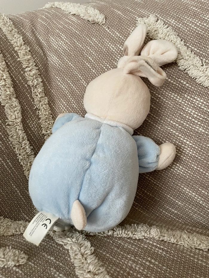 Peluche doudou musical 22cm Nicotoy lapin beige bleu rayé marron abc très bon état - photo numéro 3