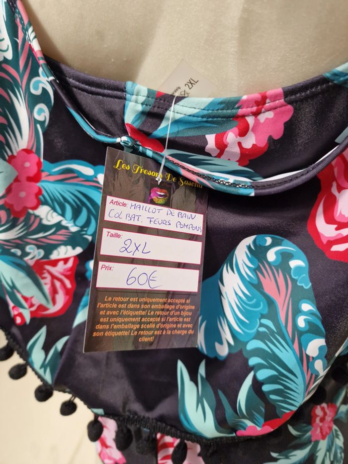 Maillot de Bain Tankini Une Piece Col Bateau Pompons Fleurs Taille 2XL 48 - photo numéro 9