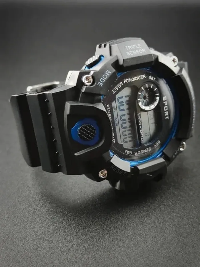 Montre bleue & noire, digitale, multifonctions