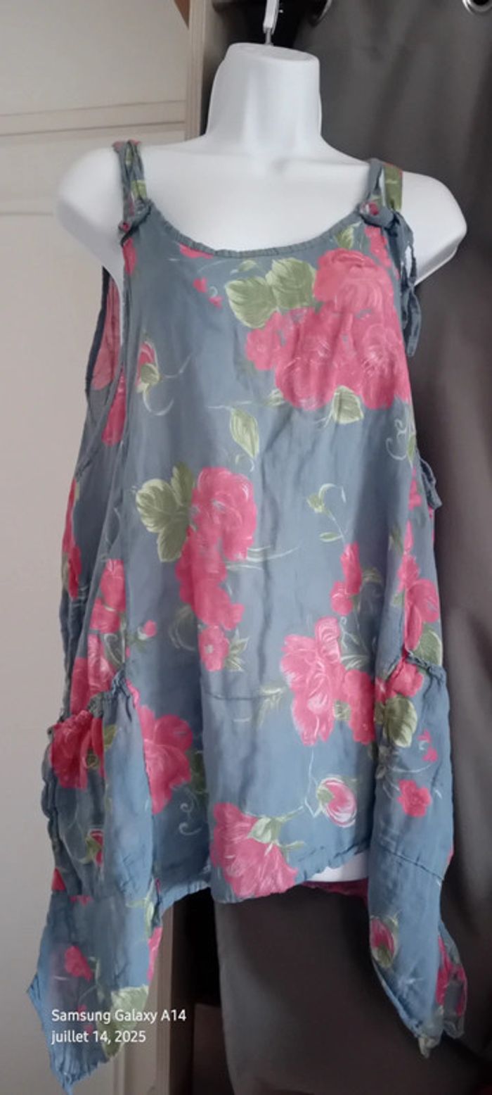 Tunique fines bretelles assymetriques motif fleurs bleu rose femme XL made in Italy - photo numéro 2