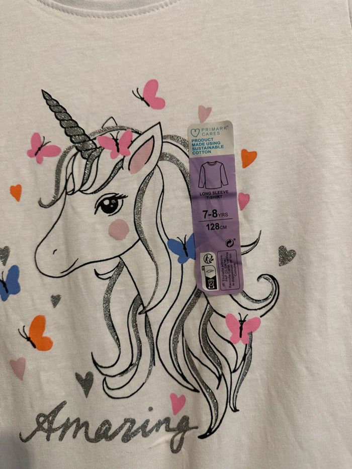 T-shirt blanc en coton manches longues imprimée à licorne fille 7-8 ans - photo numéro 3