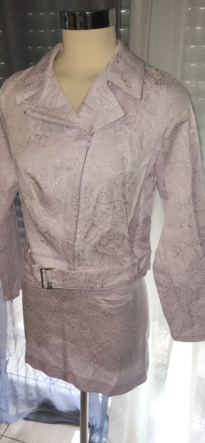 💜 ensemble veste et jupe style perfecto ceinturée effet jacquard lilas - photo numéro 3