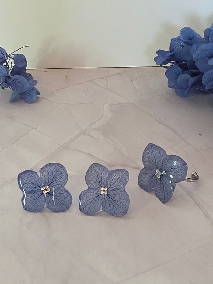 Coffret boucle d'oreille et bague hortensia bleu