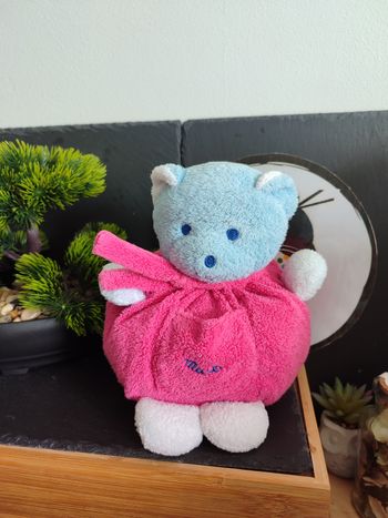 Doudou ours musti marionnette bleu jaune blanc mustela poche bonnet nuit Ancien