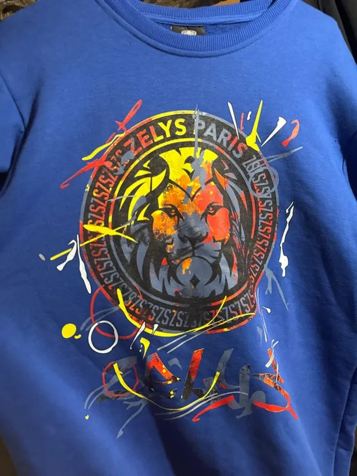 Pull/ sweat sans capuche bleu avec lion coloré