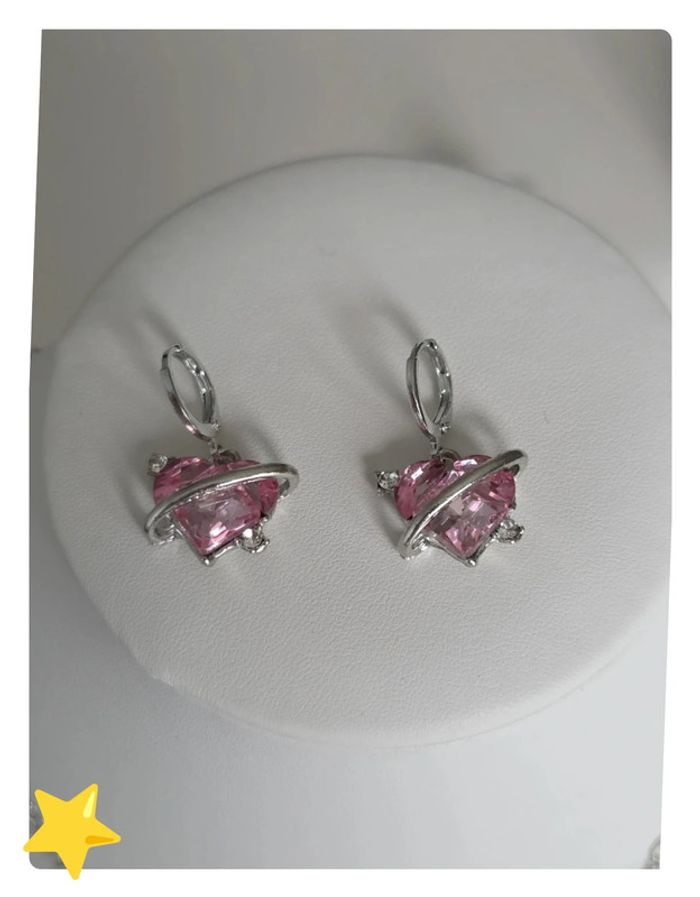 Ensemble Collier + boucle d'oreilles argenté cœur rose 45-50cm - photo numéro 4