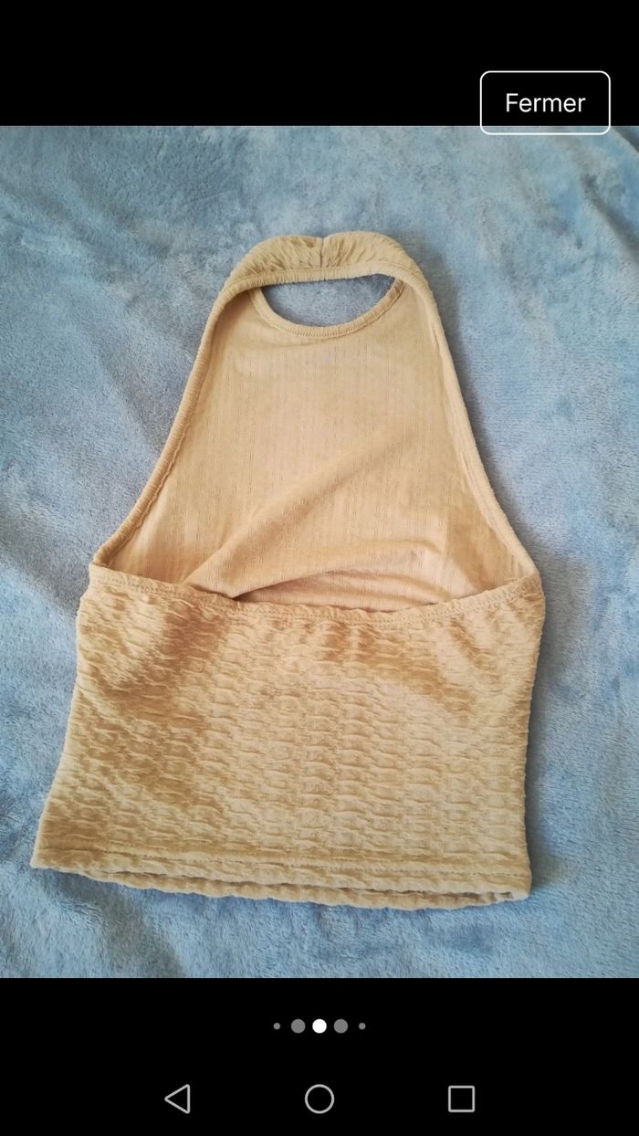 Ensemble moulant, pantalon et  tee-shirt dos nu, couleur abricot, neuf avec emballage, taille XS - photo numéro 4