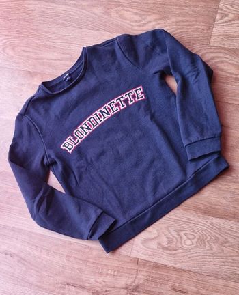 Pull col rond bleu marine avec flocage "blondinette" 10 ans TBE