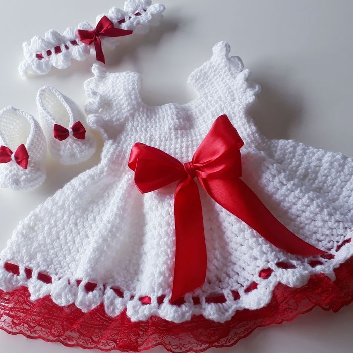 Vêtement bébé fille robe crochet dentelle noeud satin rouge - photo numéro 4
