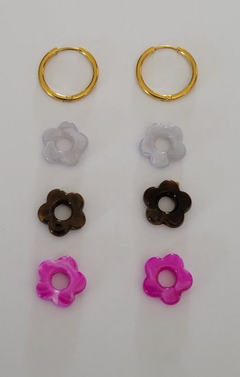 BOUCLES D'OREILLES CREOLES ANNEAUX DORES + 3 PAIRES FLEURS ! NEUVE ! MODELE 2