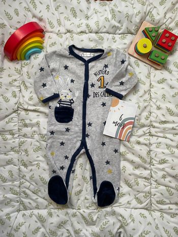 pyjama grenouillère en velours gris et marine ouverture devant 6 mois gémo