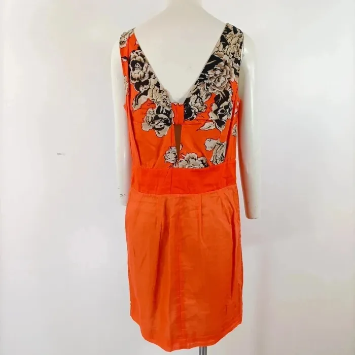 Robe d'été Orange, plastron fleurs Col rond et dos en V Taille M - Coton/Soie A440 - photo numéro 4