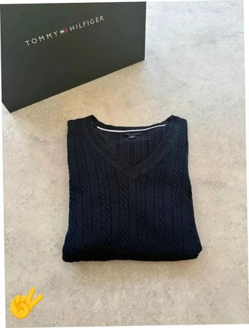 Pull Torsadé Tommy Hilfiger Col V Taille L bleu marine Femme Women PULL0183