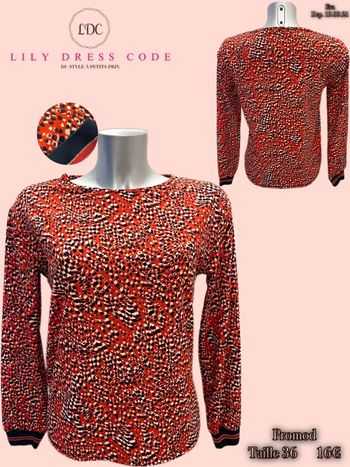 ❤️TOP IMPRIMÉ ROUGE & NOIR MANCHES LONGUES – PROMOD – TAILLE 36 – SOLDÉ -90% ❤️ 