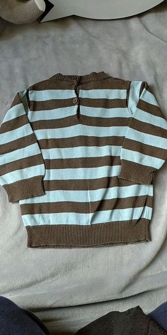 Pull léger col V Garçon 6 mois rayé marron et bleu clair 100% coton Kimbaloo Boy - photo numéro 10
