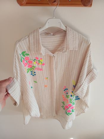 Chemise lin imprimé fleuri beige taille L XL 