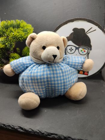 Doudou ours boule beige bleu vichy mgm Dodo D'amour Peluche Marron Noir Ancien