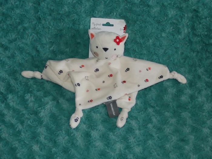 Doudou plat chat Orchestra blanc cassé fleurs 😺Neuf