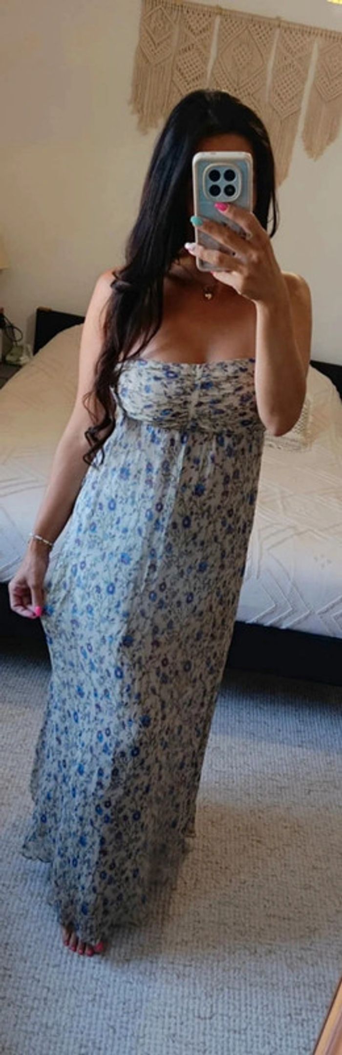 Robe d'été longue Zara Basic fleuri style Bohème chic champêtre vintage beige fines bretelles