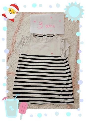 Tee shirt mariniere bleu marine blanche 3 ans