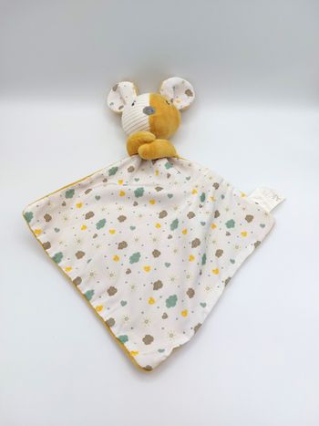 Doudou plat souris jaune moutarde écru SOFT FRIENDS BABY grelot tissu nuage coeurs soleil