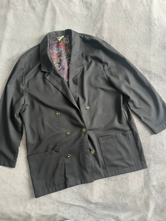 Blazer noir vintage Yessica – Doublure paisley colorée – T.L