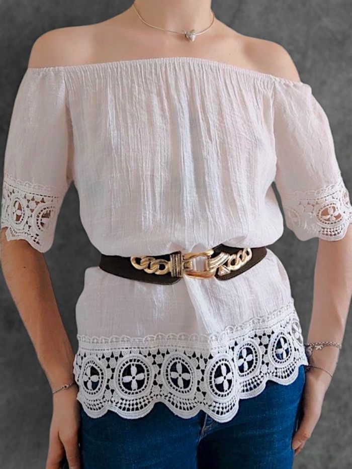 Top épaule dénudé blanc rose pastel dentelle vintage - 36/S à 42/XL - photo numéro 4