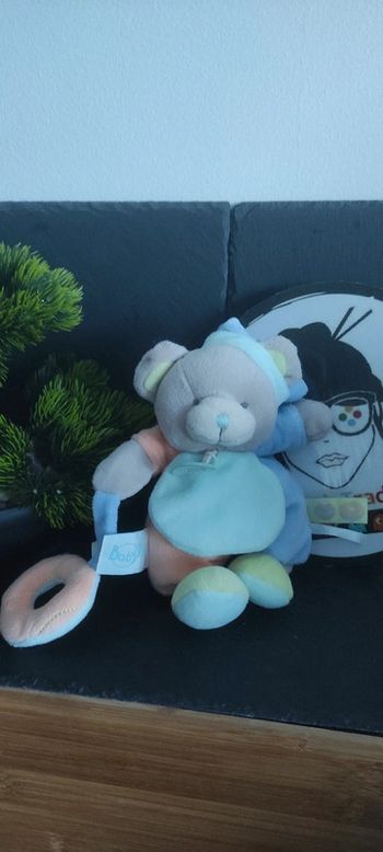 Doudou ours gris bleu orange vert Gourmandise bn036 anneau  bonnet gâteau baby nat