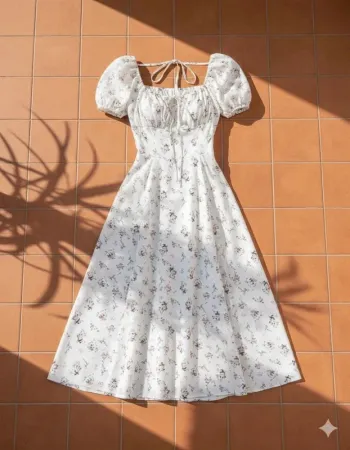 Robe blanche fleurie, manches bouffantes, taille S, bohème chic rétro été
