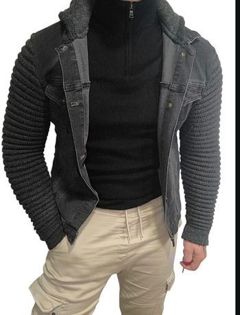 Veste jeans noir a capuche,mache petites mailles, taille L, très bon état