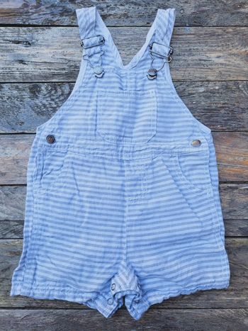 Superbe salopette short légère (lin et coton) Natalys, blanche rayée gris/bleu, 12 mois (1an)