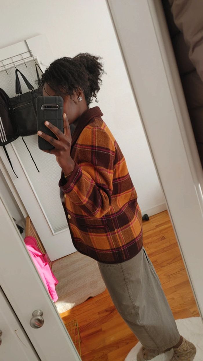 Veste en laine vintage oversize carreaux orange brun marron - photo numéro 2