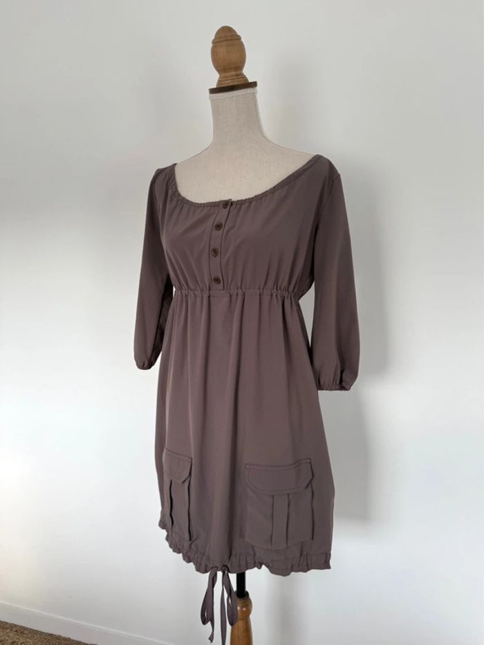 Robe manches longues fluide léger tunique taupe gris Kleid dress Vestido Vestito jurk jumpsuit femme - photo numéro 4