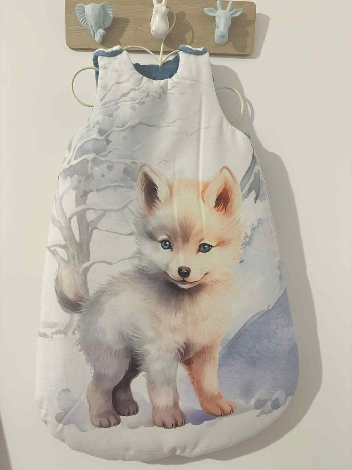 Gigoteuse hiver loup bleu garçon naissance 6 mois