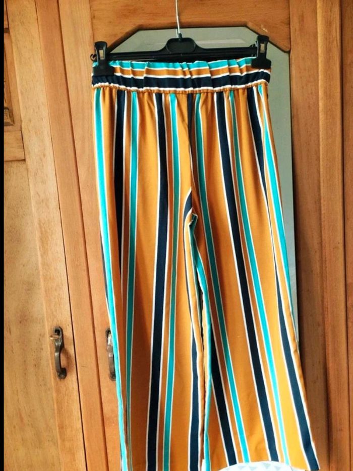Pantalon fluide  bleu  marine  moutarde rayé  Zara XS Excellent état - photo numéro 7