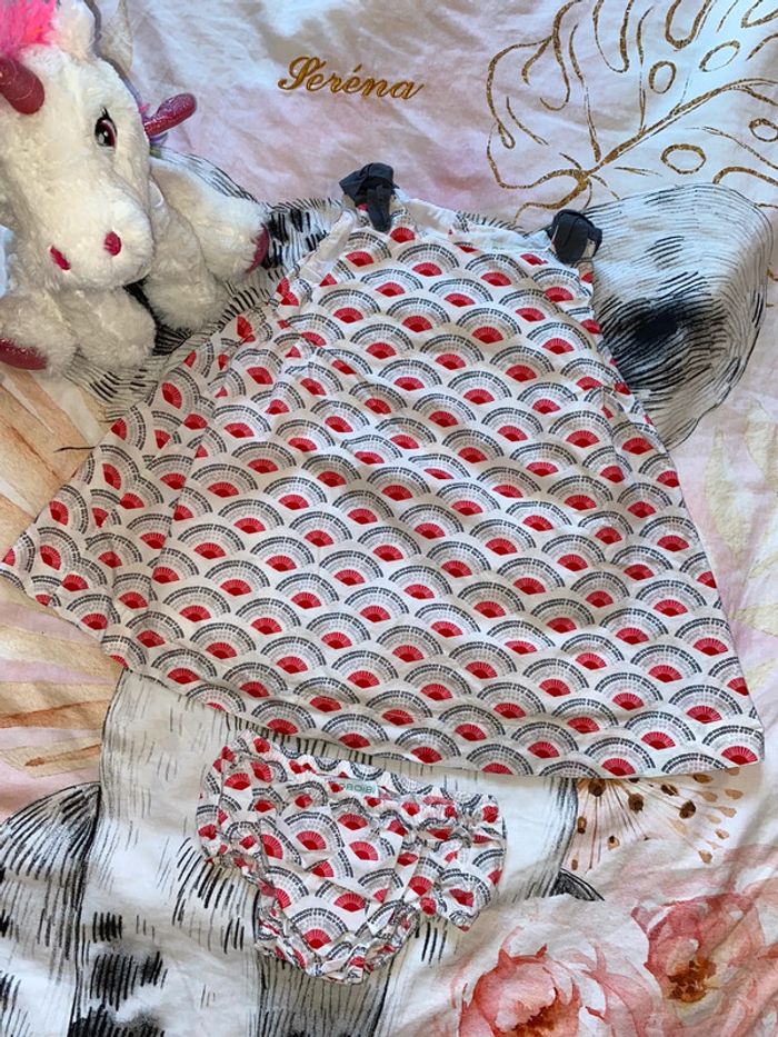 Robe doublée à motifs et son bloomer, taille 12 mois, marque Obaïbi. - photo numéro 2